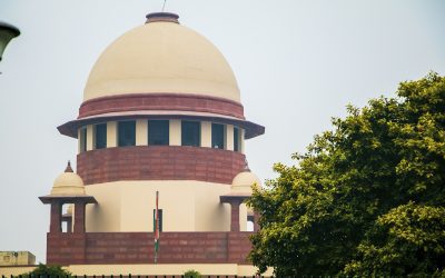 The Supreme Court of India building seen from the forecourt in New Delhi