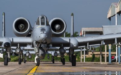 A United States Air Force A-10 Thunderbolt II taxiing on an Indian air base flightline during Exercise Tarang Shakti