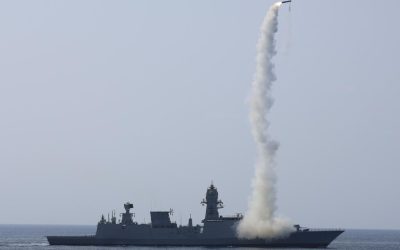 A BrahMos missile being fired from an Indian Navy warship