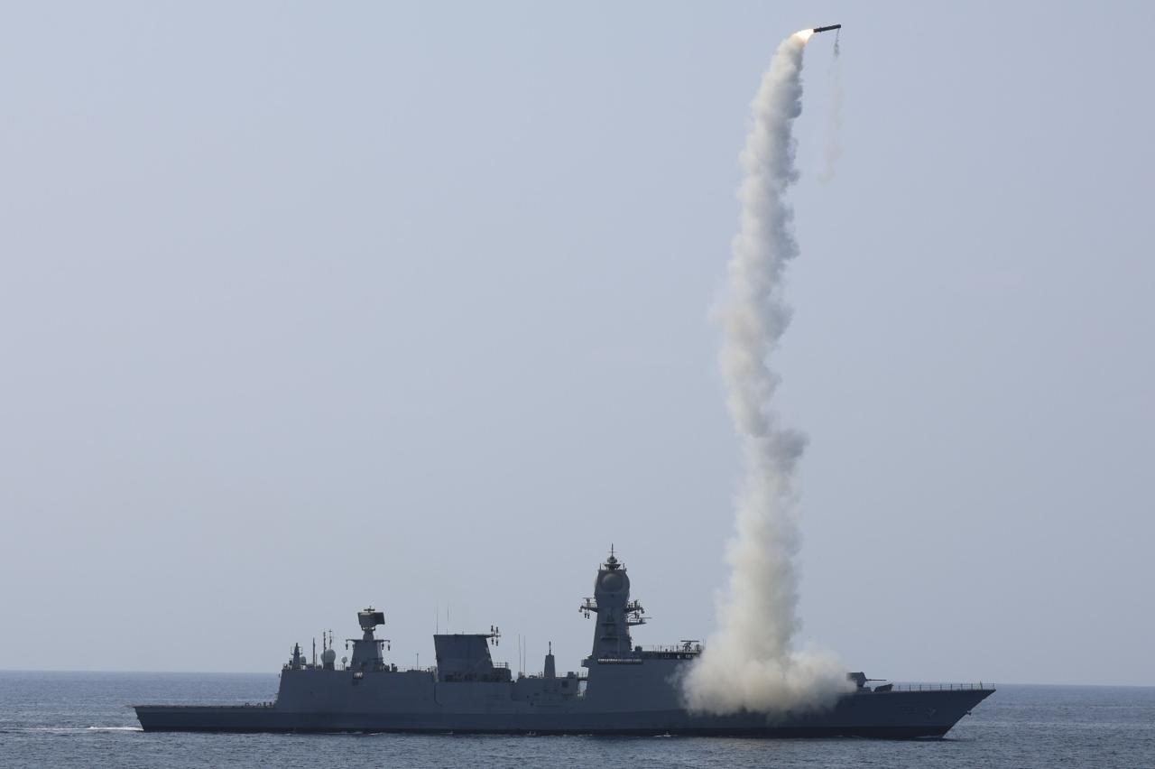 A BrahMos missile being fired from an Indian Navy warship