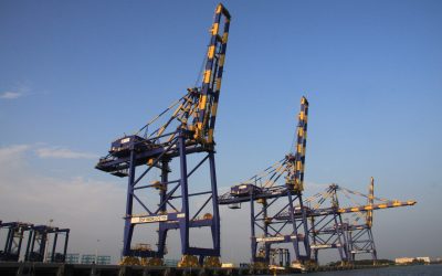 Container cranes at a port terminal in India