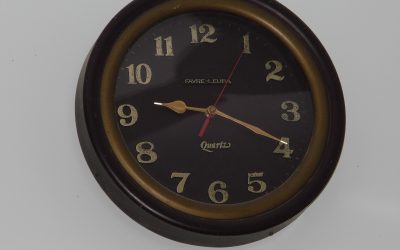 A quartz wall clock with numerals and hands