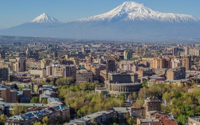The skyline of Yerevan, Armenia, with Mount Ararat in the background