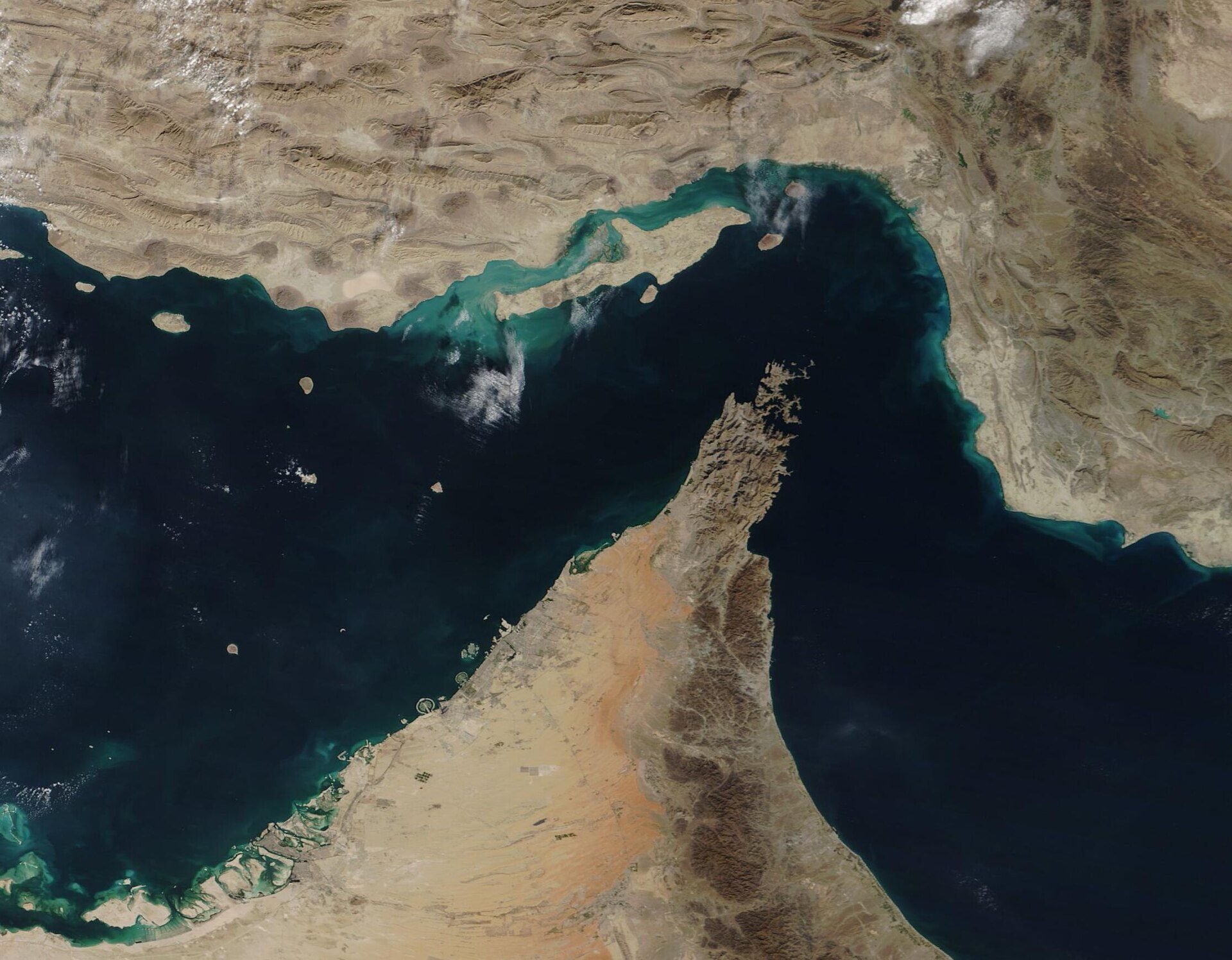 Satellite view of the Strait of Hormuz between the Persian Gulf and the Gulf of Oman