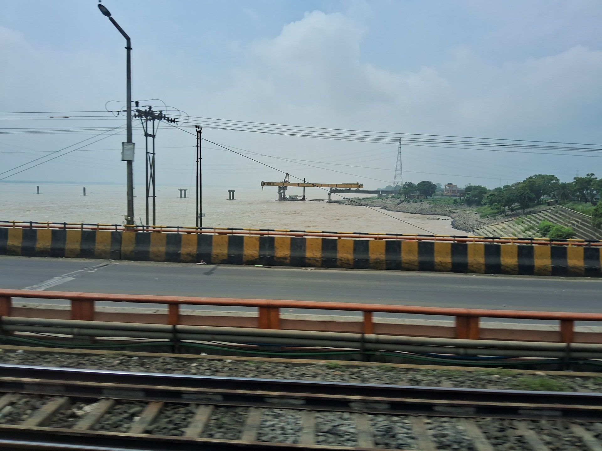 The Ganga river in spate seen from the road and rail bridge at Farakka