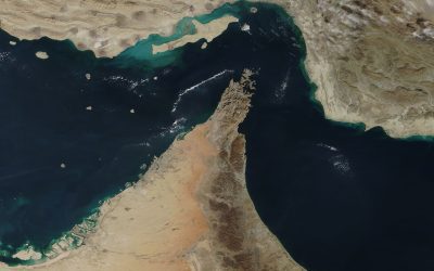 Satellite view of the Strait of Hormuz and the Musandam Peninsula