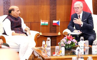 India's Defence Minister and the Czech Republic's First Deputy Prime Minister Karel Havlíček in talks in New Delhi, with Indian and Czech flags on the table