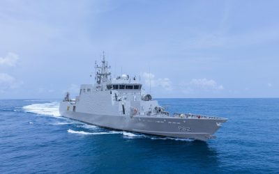 Grey anti-submarine warfare shallow water craft Mangrol under way at sea