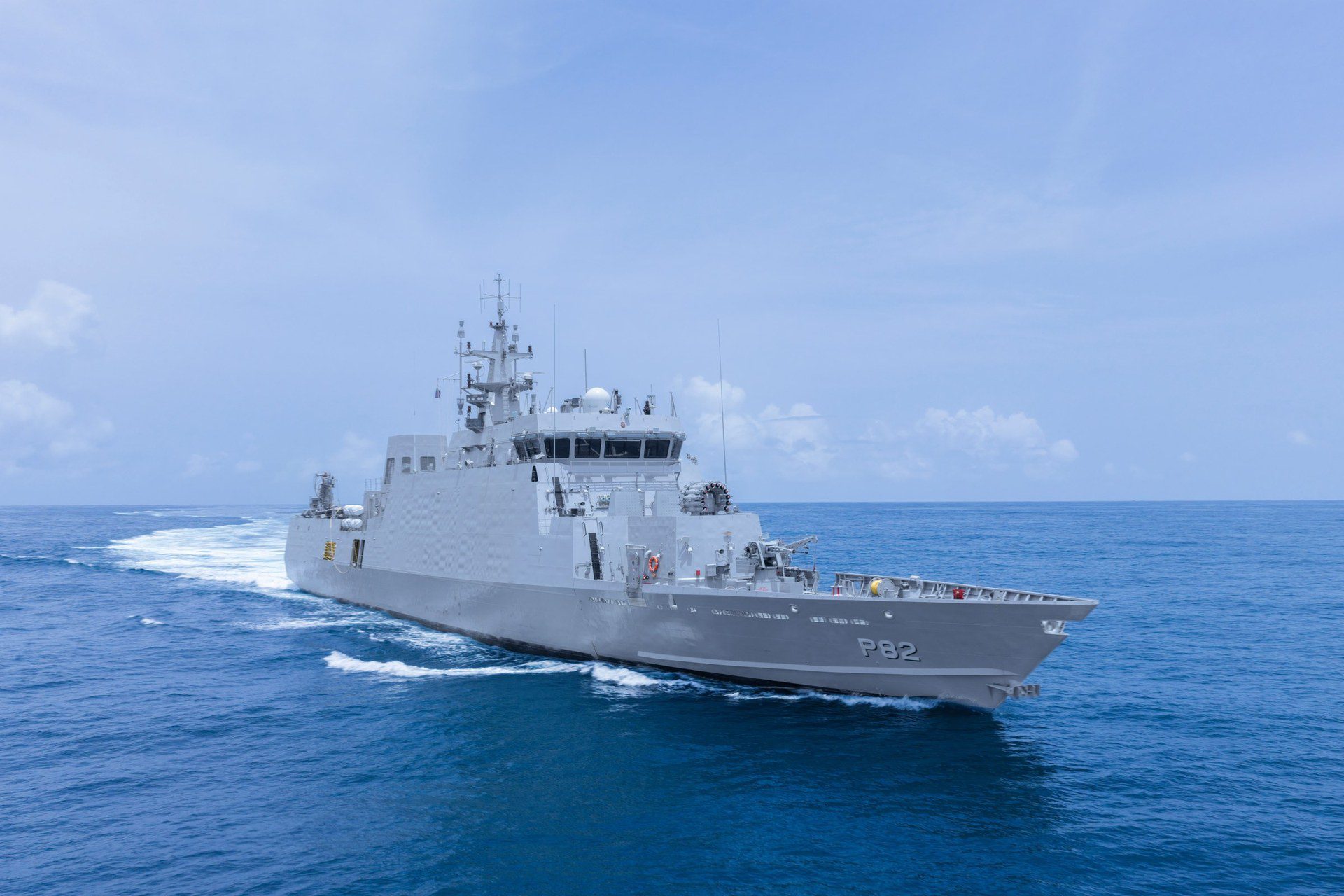 Grey anti-submarine warfare shallow water craft Mangrol under way at sea