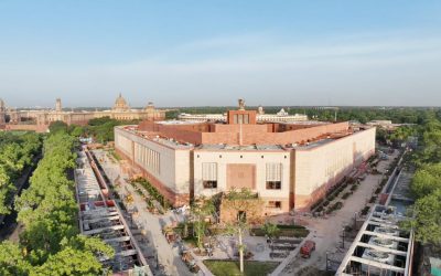 Aerial view of the new Parliament building in New Delhi with the Central Vista in the background