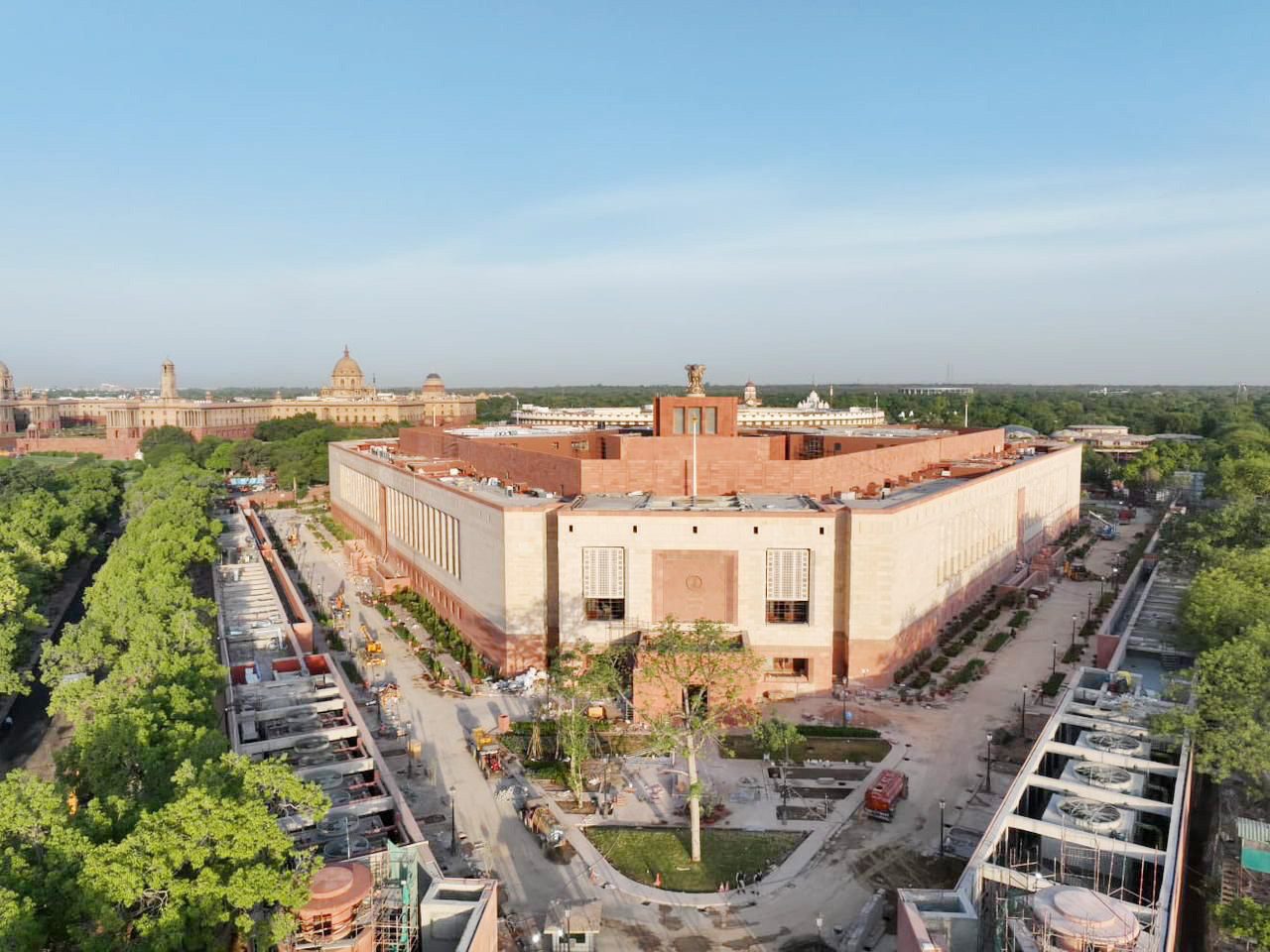Aerial view of the new Parliament building in New Delhi with the Central Vista in the background