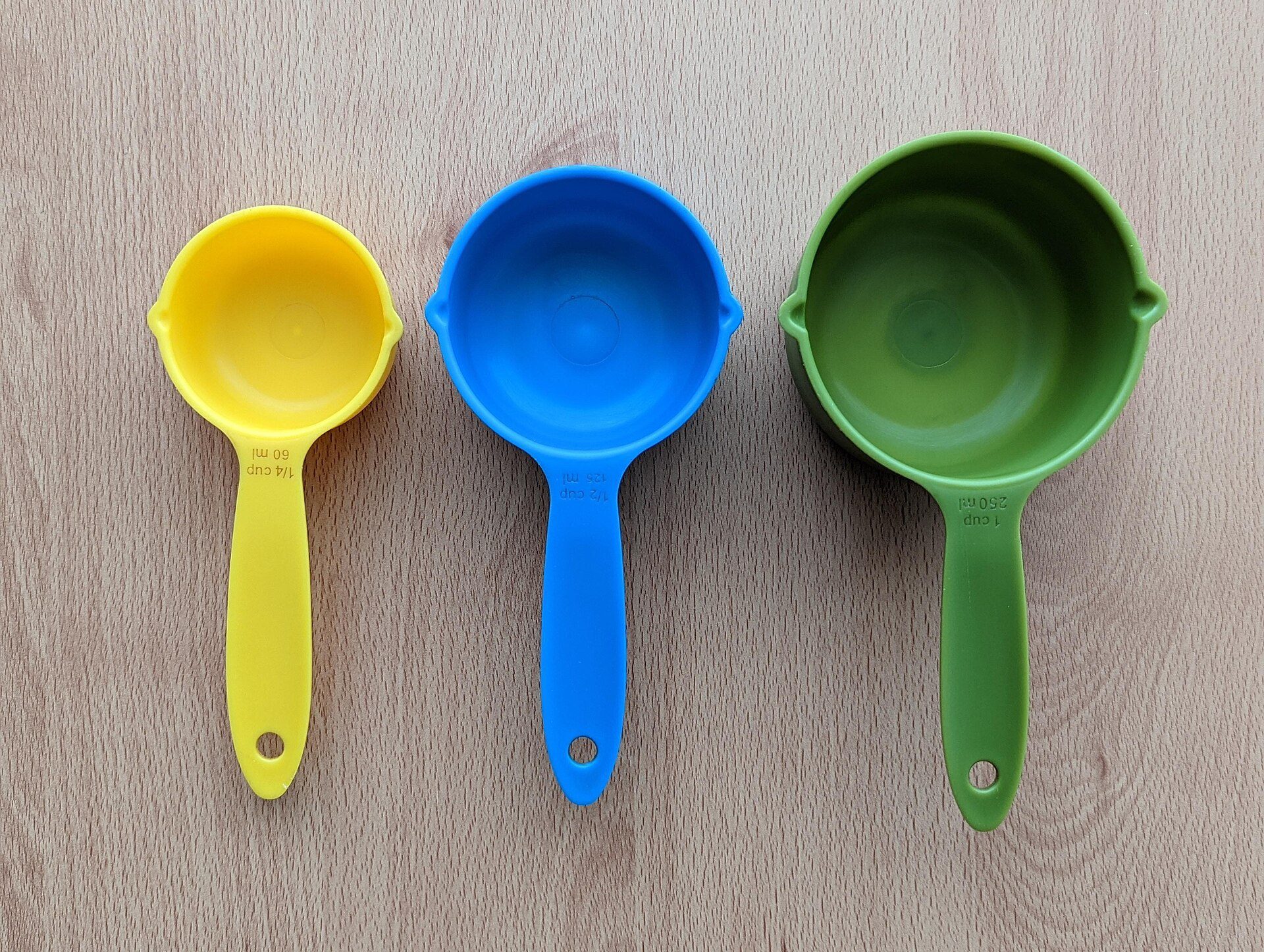Three measuring cups of a quarter, half and one cup