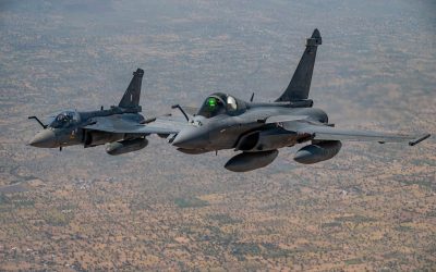 A French Rafale fighter flying in formation with an Indian Air Force Tejas over Jodhpur during Tarang Shakti 2026