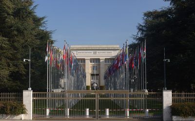 Avenue of national flags leading to the Palais des Nations, the United Nations office in Geneva