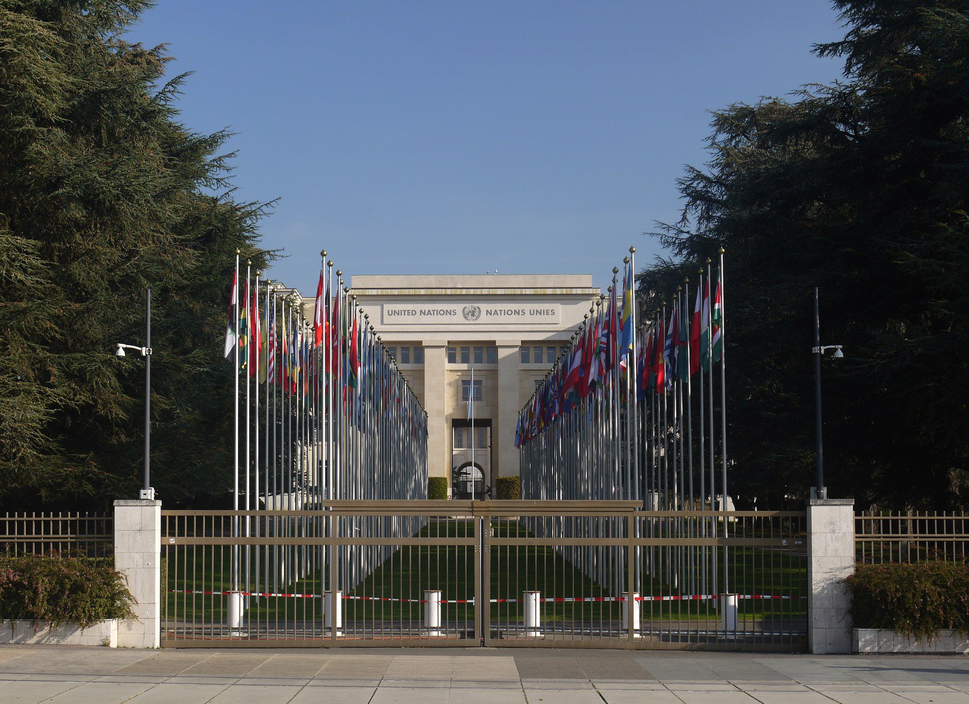 Avenue of national flags leading to the Palais des Nations, the United Nations office in Geneva