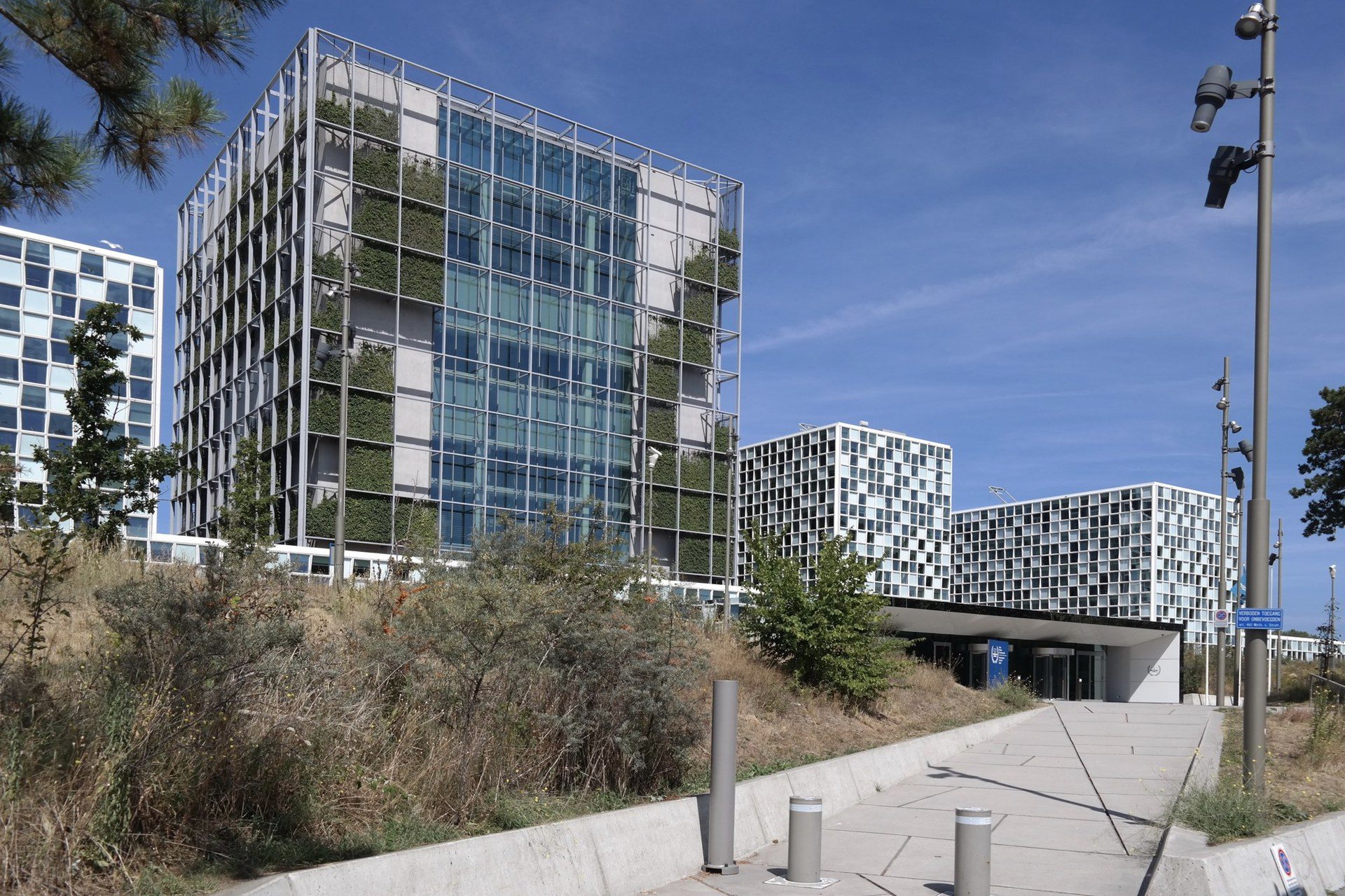 Glass-and-tower headquarters building of the International Criminal Court in The Hague