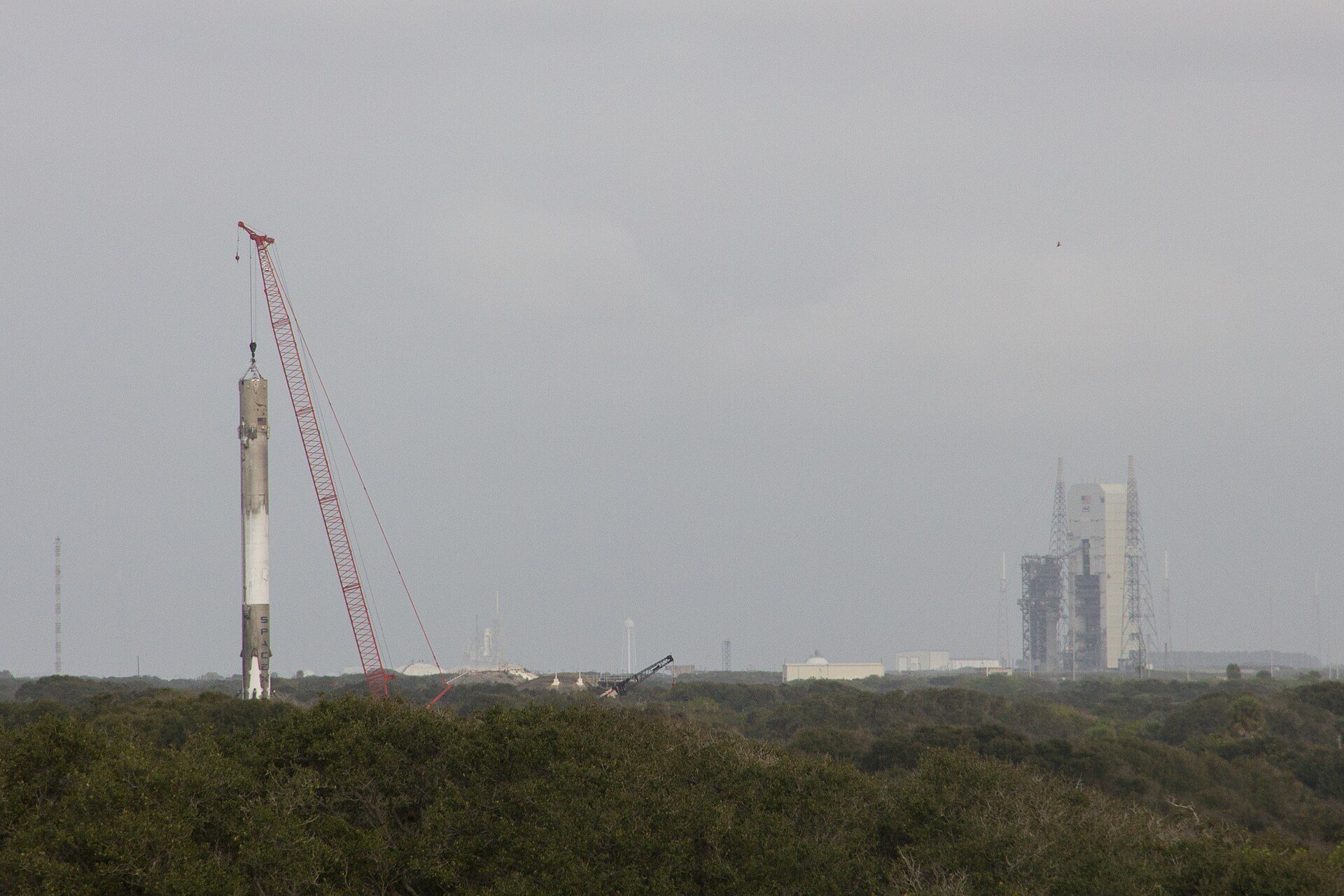 Falcon 9 first stage standing on its landing pad at Cape Canaveral after the December 2015 landing