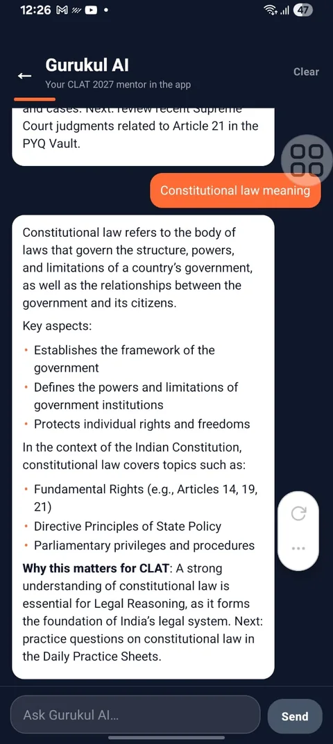 Ask a doubt at 1 a.m. — a screen from the CLAT Gurukul app