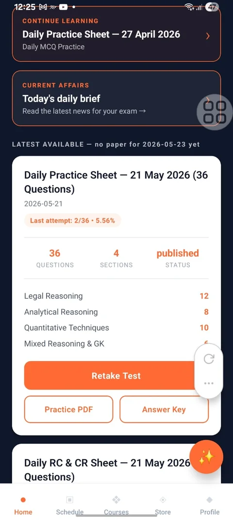 A sheet every single day — a screen from the CLAT Gurukul app