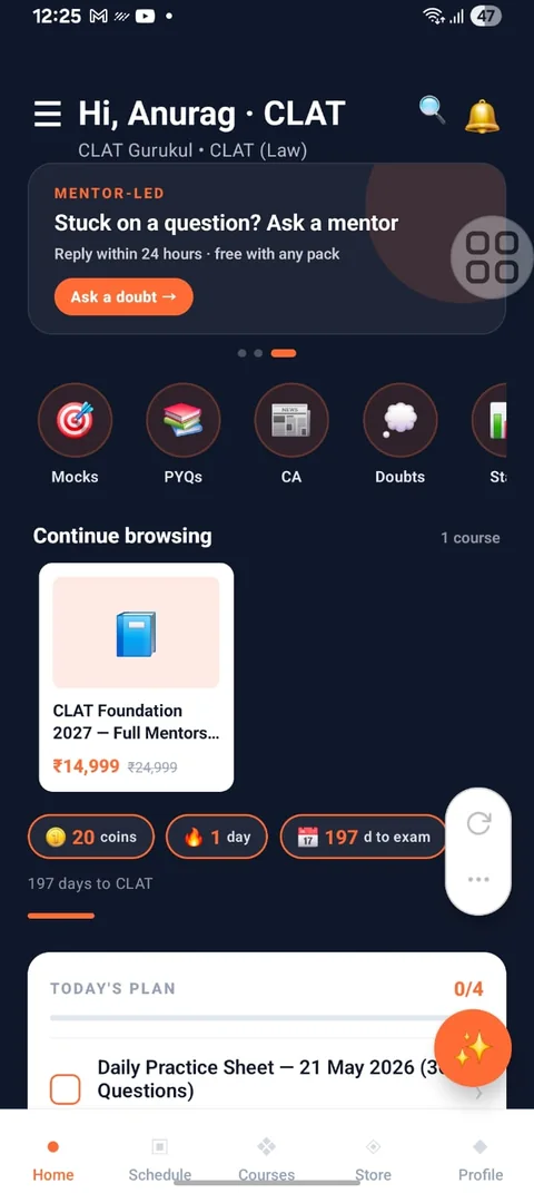 Today&rsquo;s work, and the countdown — a screen from the CLAT Gurukul app