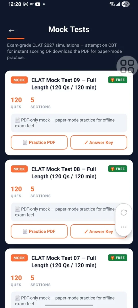 Full-length mocks, free — a screen from the CLAT Gurukul app